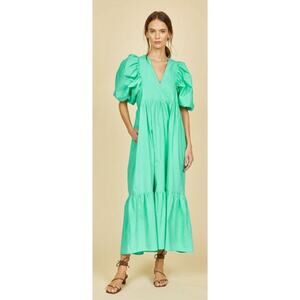 Hunter Bell Palmer Midi Maxi Puff Sleeve Ruffle Dress Emerald Green Tuckernuck